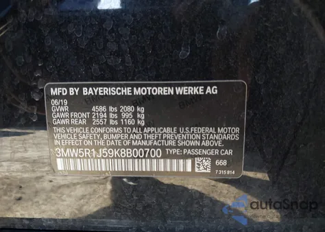 2019 BMW 330I из США, поврежденный, VIN 3MW5R1J59K8B00700